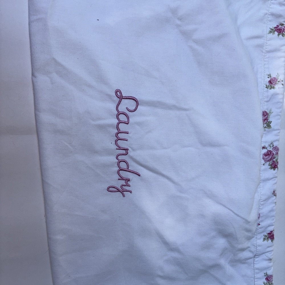 Cloth Laundry Bag Drawstring Floral Retro Flower Pink White Green - Picture 3 of 7